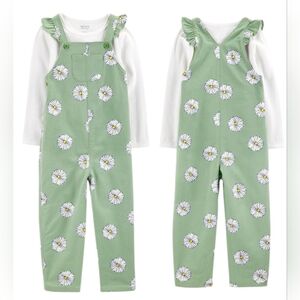 Carter's 2 Piece Floral Green Overalls with White Long Sleeve Shirt Girls 4T